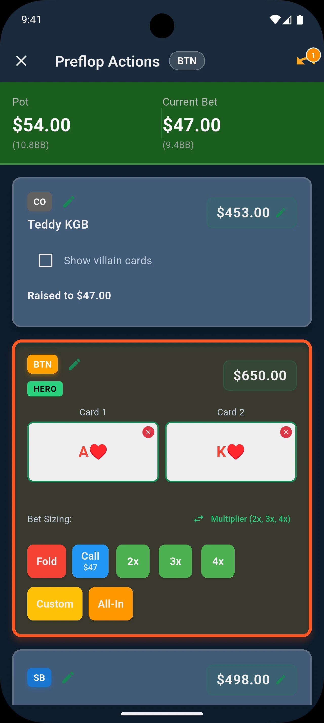 Bankroll Wizard hand entry screen showing position selector and action buttons